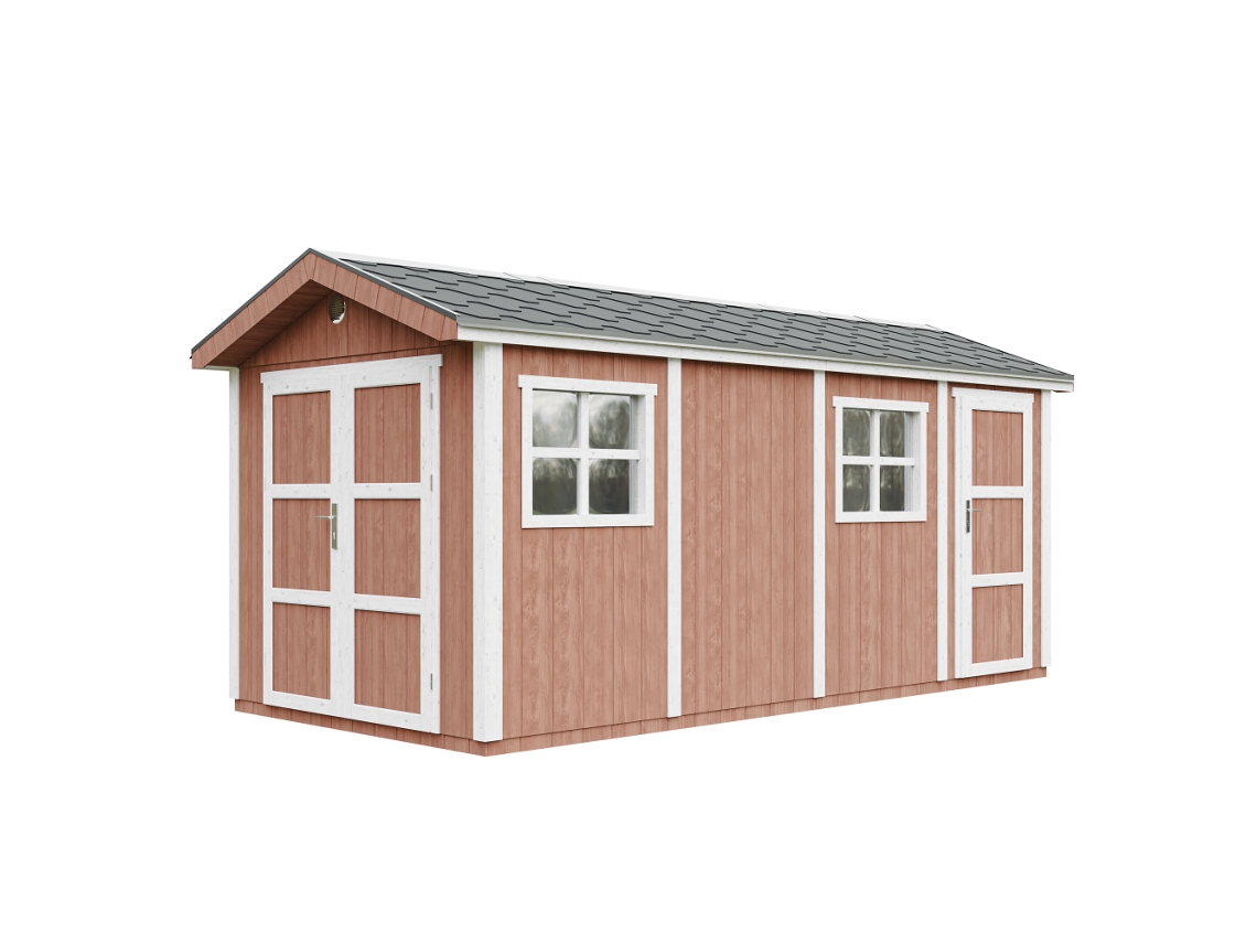 Caseta de jardín de primera calidad de 11,47 m² (alto x ancho x alto): 252 x 250 x 530 cm, con suelo y baldosas bituminosas Timbela M915c Redwood Red