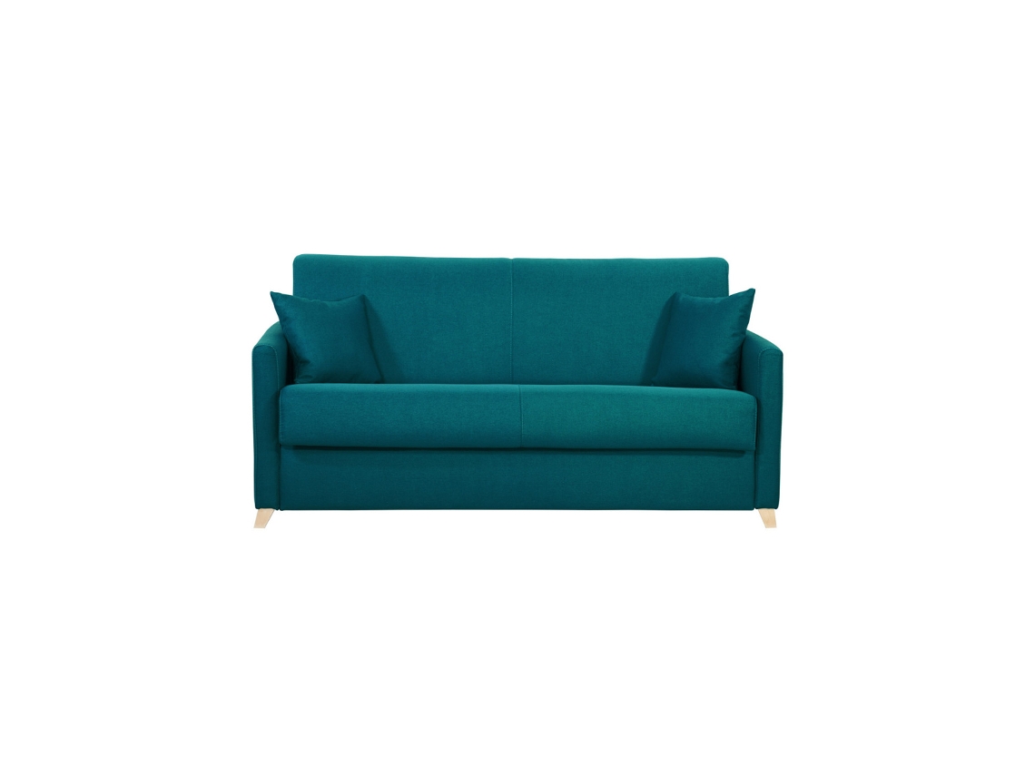 Sofá Cama 3 Plazas Nórdico Azul Petróleo Y Madera Clara Con Colchón de 18 Cm Skandy MILIBOO