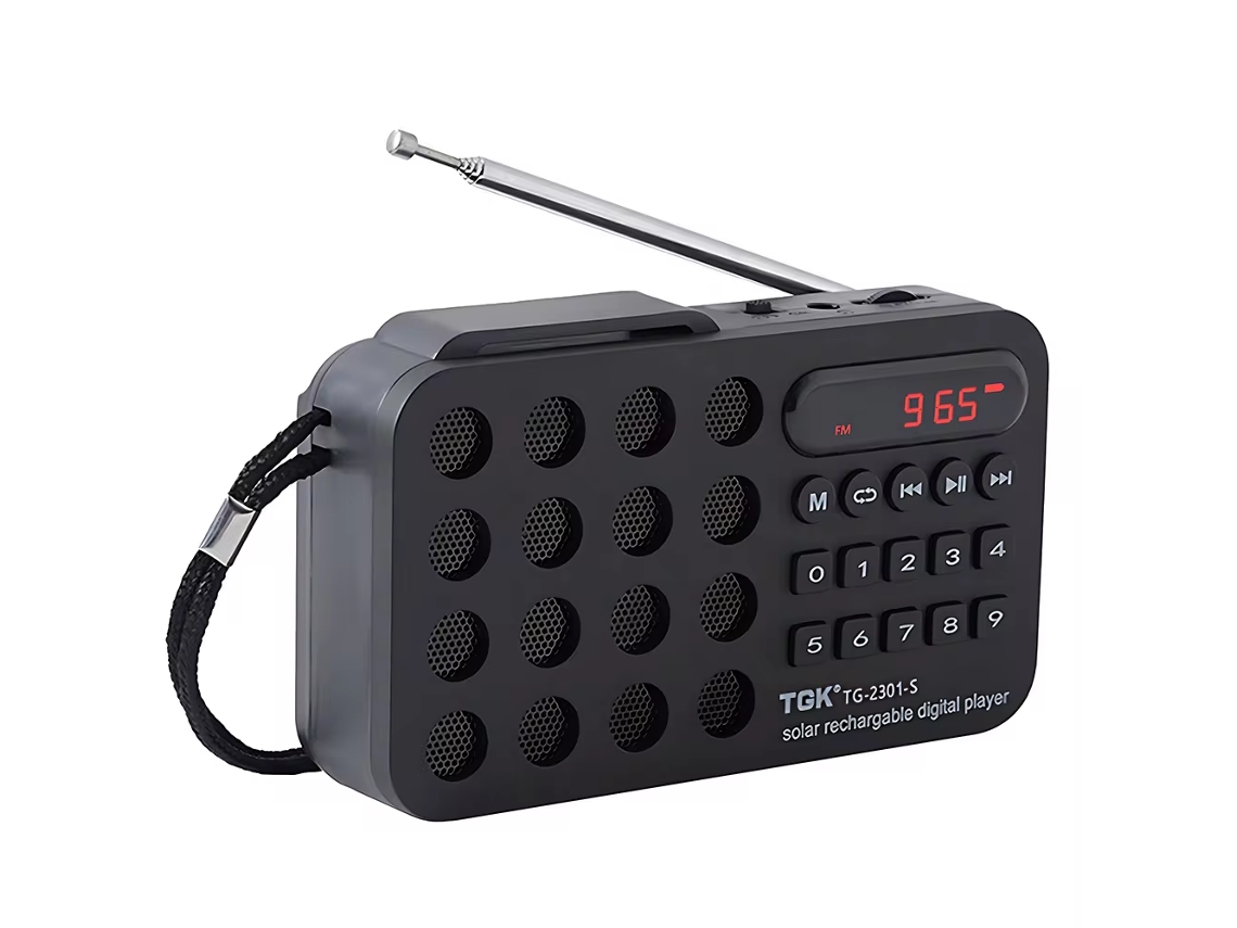 Radio FM portátil recargable Viewleaf con altavoz inalámbrico, carga solar, compatible con USB, tarjeta TF y reproductor de música MP3 integrado.
