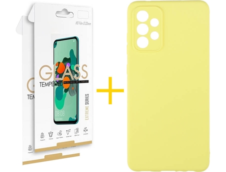 Carcasa y 2 Protectores de Pantalla de Vidrio Samsung A72 5G SKYHE Silicona Líquida Amarillo