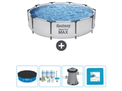 Piscina BESTWAY Round Steel Pro MAX - 305 x 76 cm - Gris - Incluida Cubrir - Paquete de mantenimiento - Bomba - Baldosas
