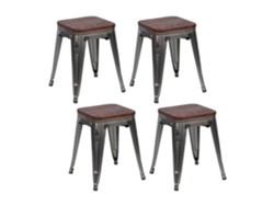 Juego de 4 taburetes bajos industriales apilables en acero y madera 38x38x46cm THINIA