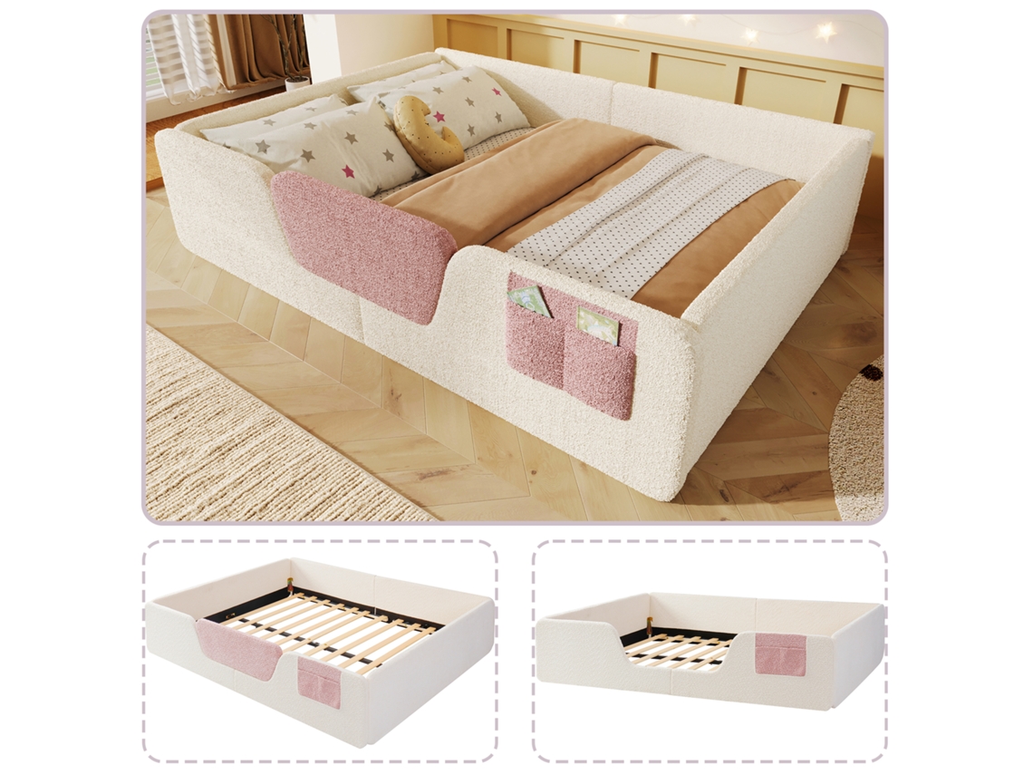 Cama Tapizada En Terciopelo Beige, De 140x190 Cm, Con Barandilla De Seguridad Extraíble.