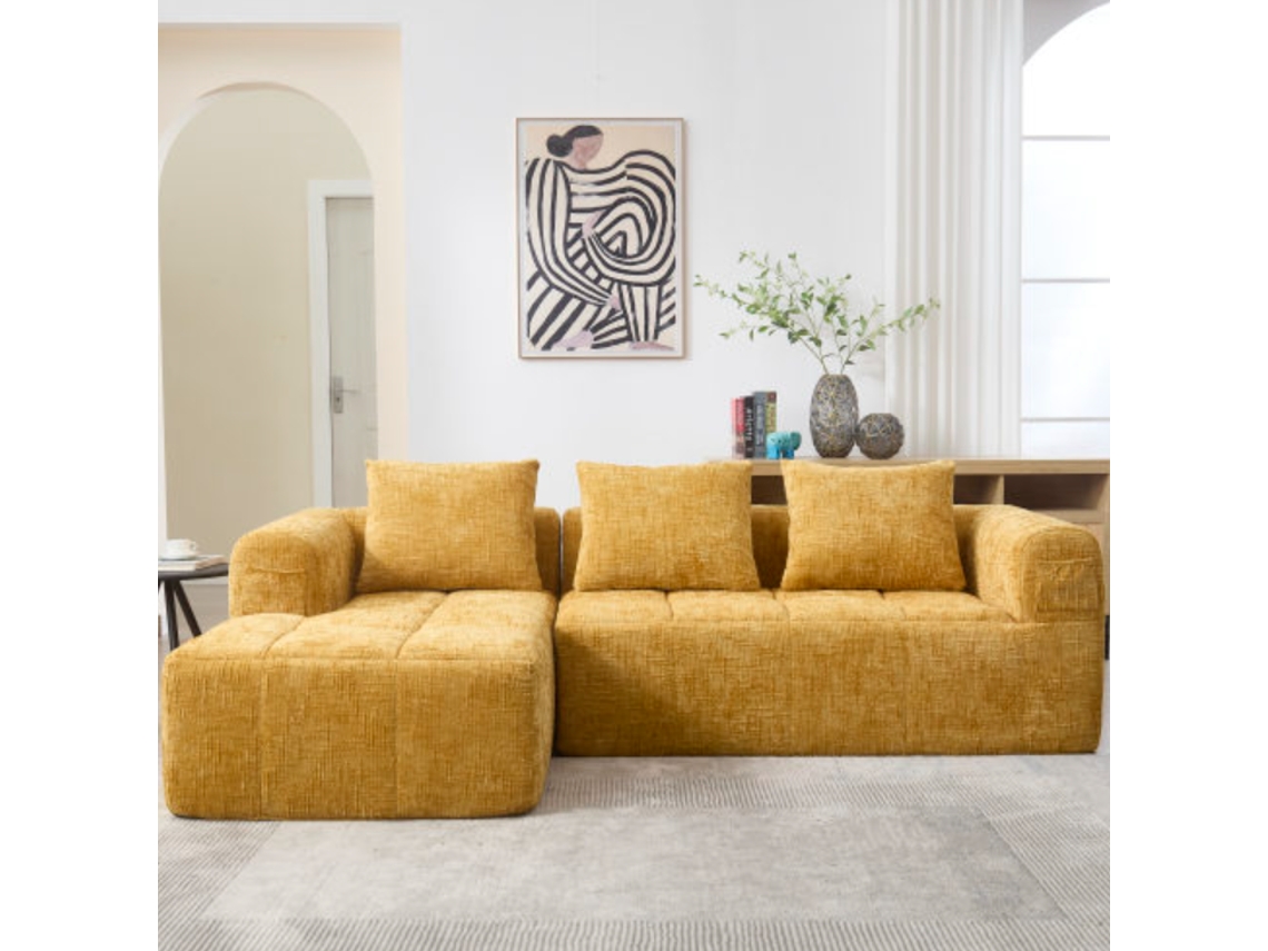 Sofá Seccional Moderno L - 3 Plazas, Sofá Chenille Con Chaiselongue, Brazos Y 3 Cojines - Amarillo