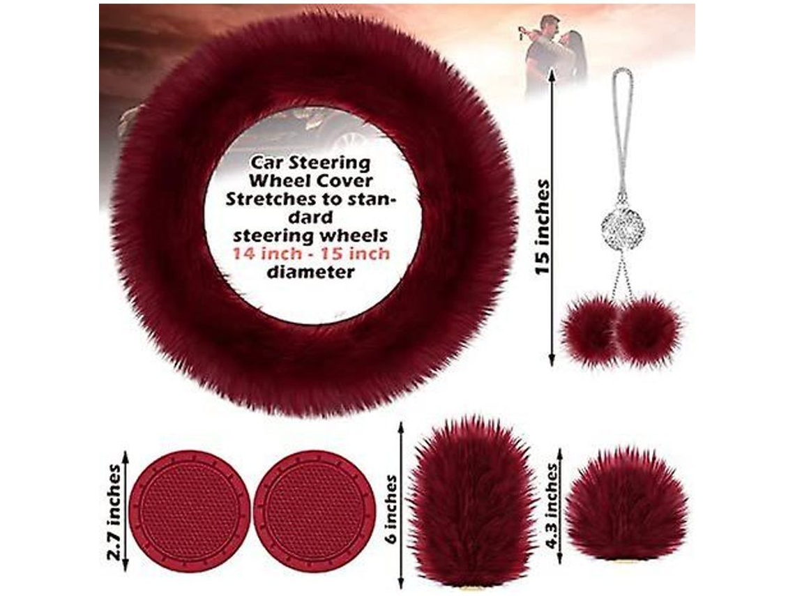 Juego De 6 Accesorios Peludos Para Coche: Volante, Cinturón De Seguridad, Freno, Palanca De Cambios, Cubierta De Espejo, Adornos Brillantes, Alfombrilla, Decoración Para Vasos.
