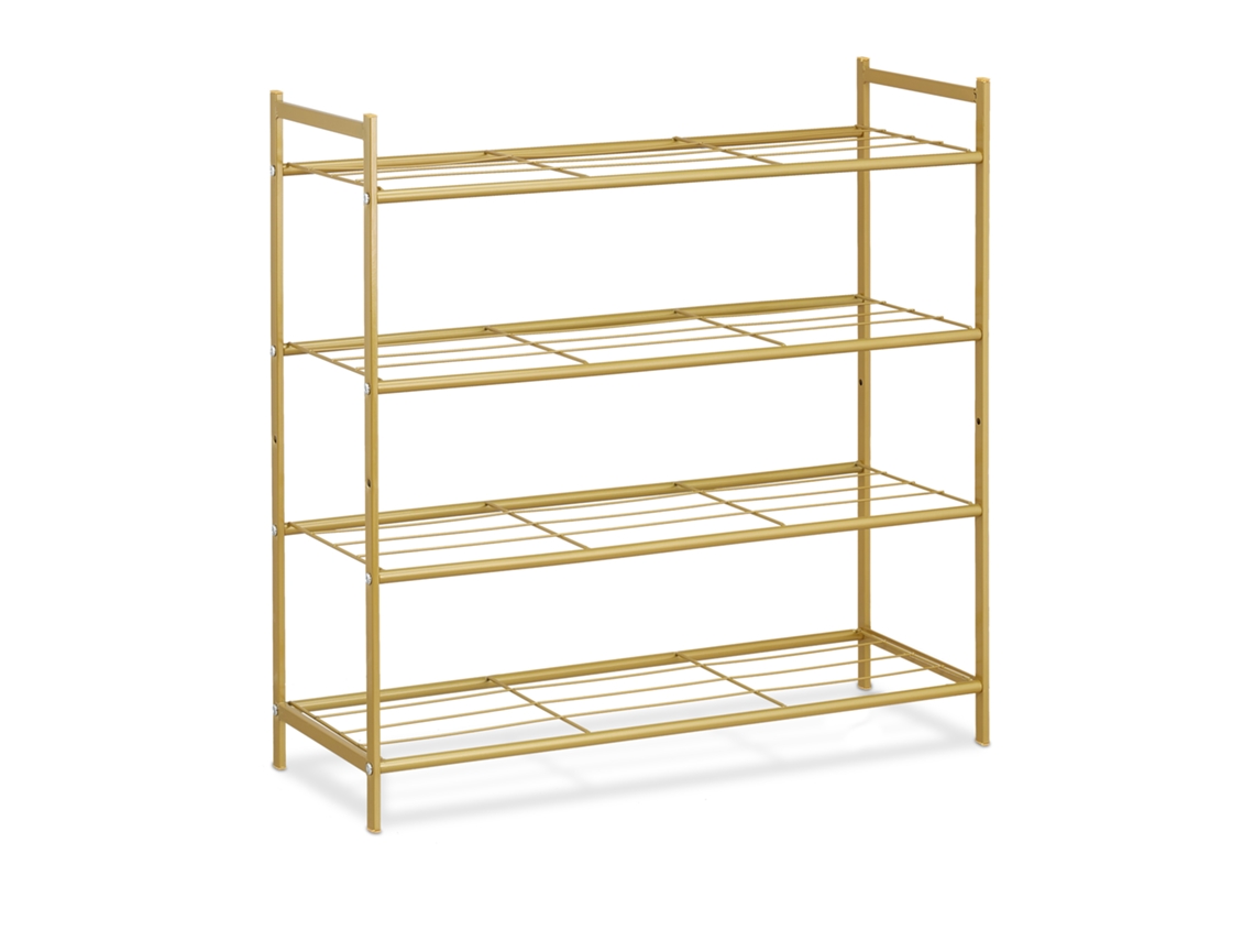 Zapatero metálico Relaxdays, 4 niveles, apilable, 70 x 70 x 26 cm, con capacidad para hasta 12 pares de zapatos, color dorado.