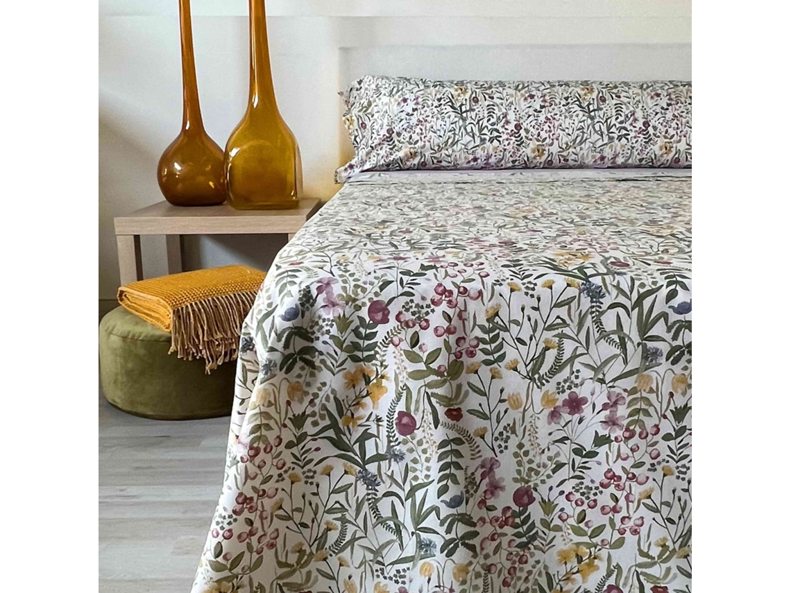 Juego De Sábanas 100 Algodón Flores Multicolor Acuarela Morada 3 Piezas - Cama 90 Cm