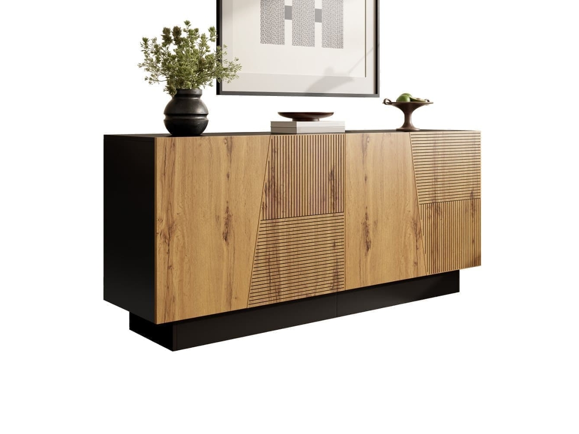 Aparador 160 Cm - Gran Almacenamiento, Diseño Geométrico, Estante Ajustable - Negro/madera