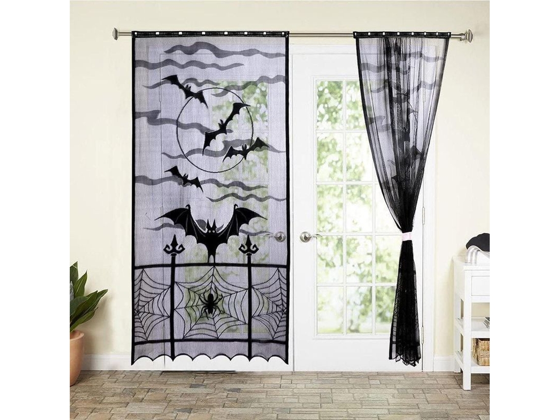2026-cortina De Halloween Con Colgante De Murciélago De Encaje Negro Para Puerta 102x213cm Poliéster