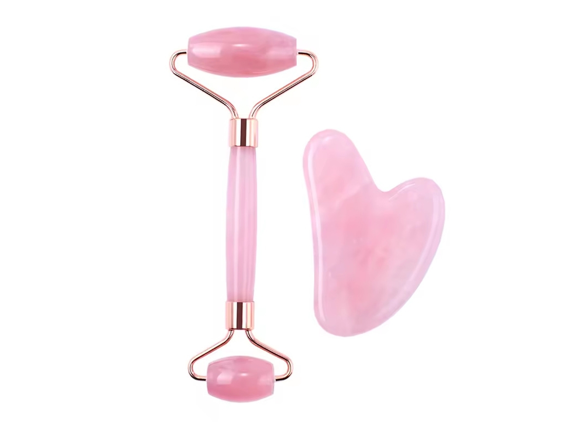 Set de rodillos de masaje facial de jade, reduce la hinchazón, apto para hombres y mujeres, color rosa (PANOONA).