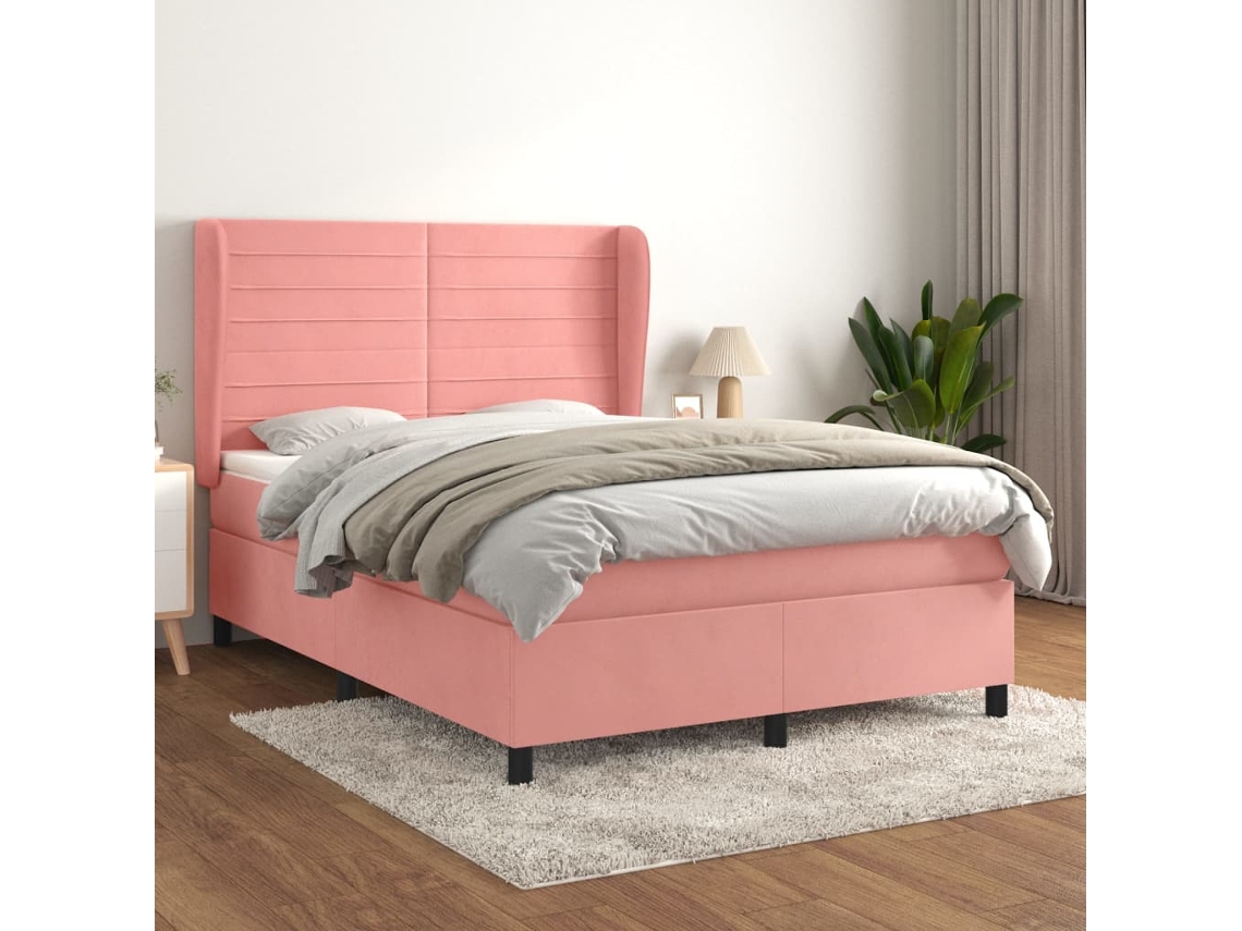 Cama Box Spring Con Colchón Terciopelo Rosa 140x200 Cm