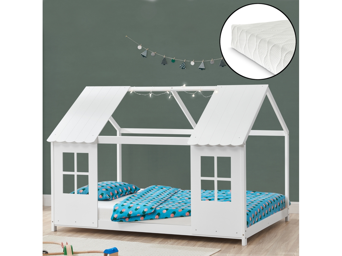 Cama para niños Tostedt en forma de casa con ventanas y colchón 90 x 200 cm pino - Blanco [EN.CASA]