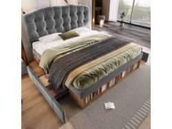 Cama Doble De 140x200 Cm En Terciopelo Gris, Somier De Láminas, Cabecero Curvo Regulable, Cajones De Almacenamiento, Colchón No Incluido.