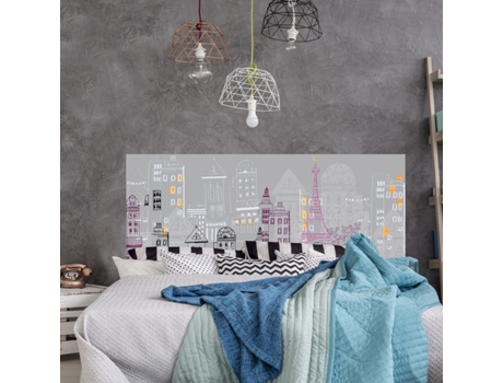 Adhesivo Decorativo de Cabecera PLAGE Dibujo Gráfico y Romántico de la Ciudad de París con Características Blancas, Rosas y de Ladrillo 160 cm X 60...