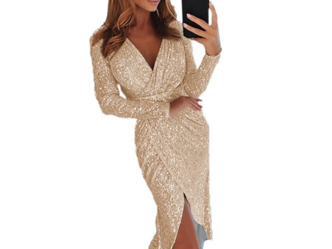 2026-vestido Midi Pencil Mujer Sexy De Sequins Con Cuello V Y Falda Larga Manga Larga Para Fiesta Y Boda 2xl Champagne