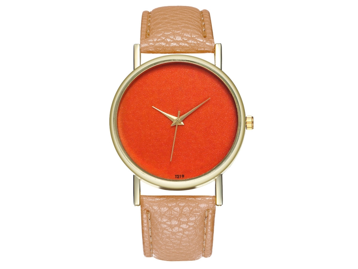 Reloj De Cuarzo Casual Para Mujeres Con Dial Naranja Y Correa De Cuero Pu Beige