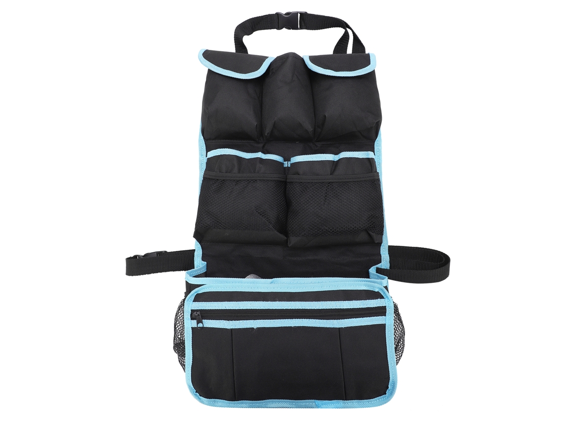 Bolsa de almacenamiento para coche con múltiples bolsillos, fabricada en tejido Oxford negro y azul, con lazo para colgar extraíble.