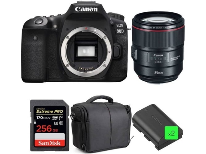 Kit Cámara Réflex CANON EOS 90D + EF 85mm f/1.4L IS USM + SanDisk 256GB + 2 LP-E6N + Bolsa