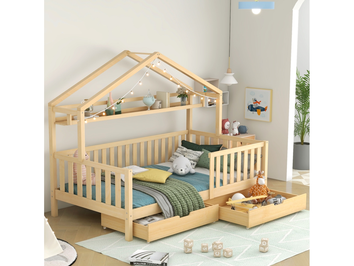 Cama Alta Infantil De 90x200 Cm, De Pino Macizo Con Cajones De Madera Natural. Colchón No Incluido.