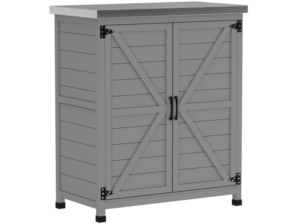 Caseta de herramientas para exterior resistente a la intemperie con banco de trabajo, puertas dobles y estantes, 79 x 43 x 92 cm, gris. Tienda BAGOLY