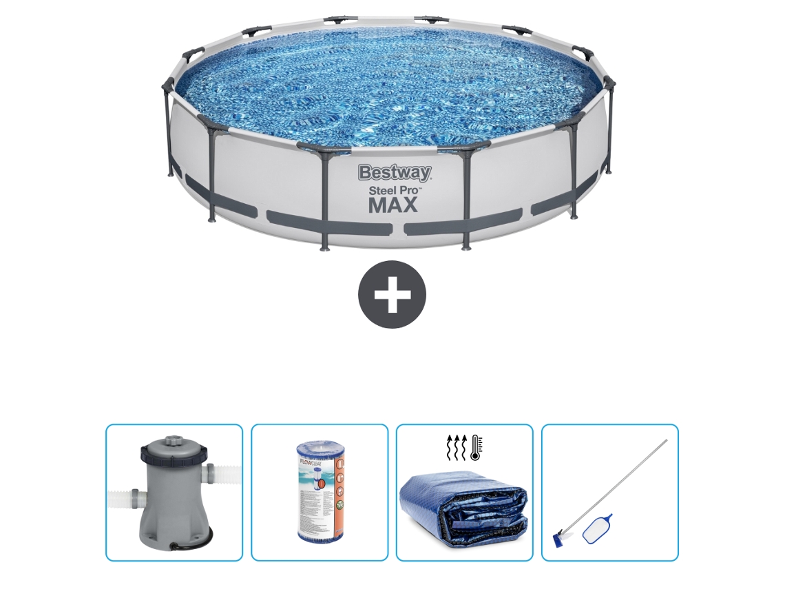 Piscina BESTWAY Round Steel Pro MAX - 366 x 76 cm - Gris - Bomba incluida Filtrar - Vela solar - kit de limpieza