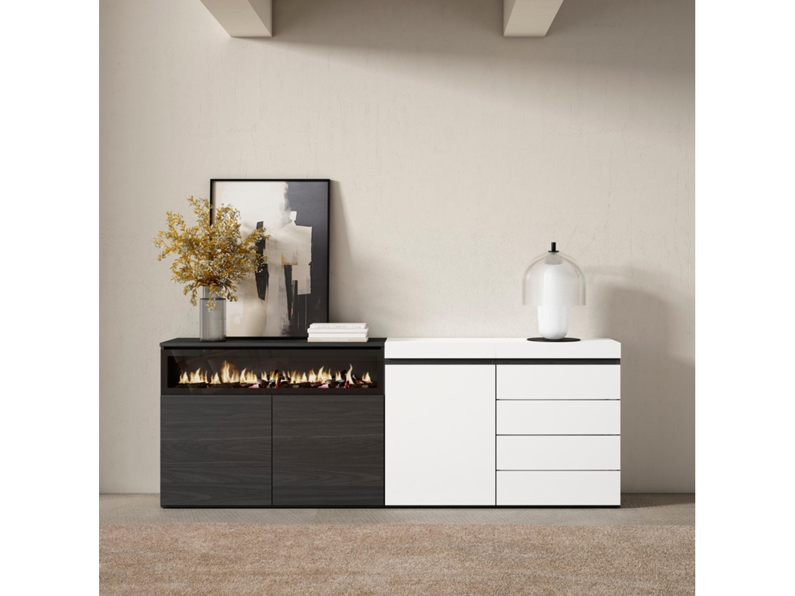 Aparador, 207x75x35 cm, Dormitorio, habitación, Chimenea eléctrica, Cómoda, Cajonera, Blanco SKRAUT HOME