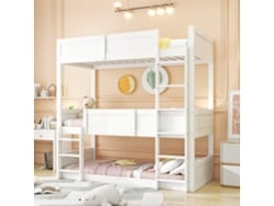 Litera triple de 90*200 cm, con láminas de madera maciza, diseño de barandilla alta, cama infantil, cama de madera, color blanco.