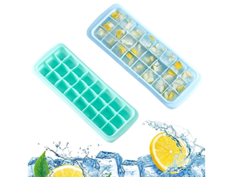 2 bandejas de cubitos de hielo, moldes de cubitos de hielo con tapa, bandejas de hielo apilables, azul y verde.