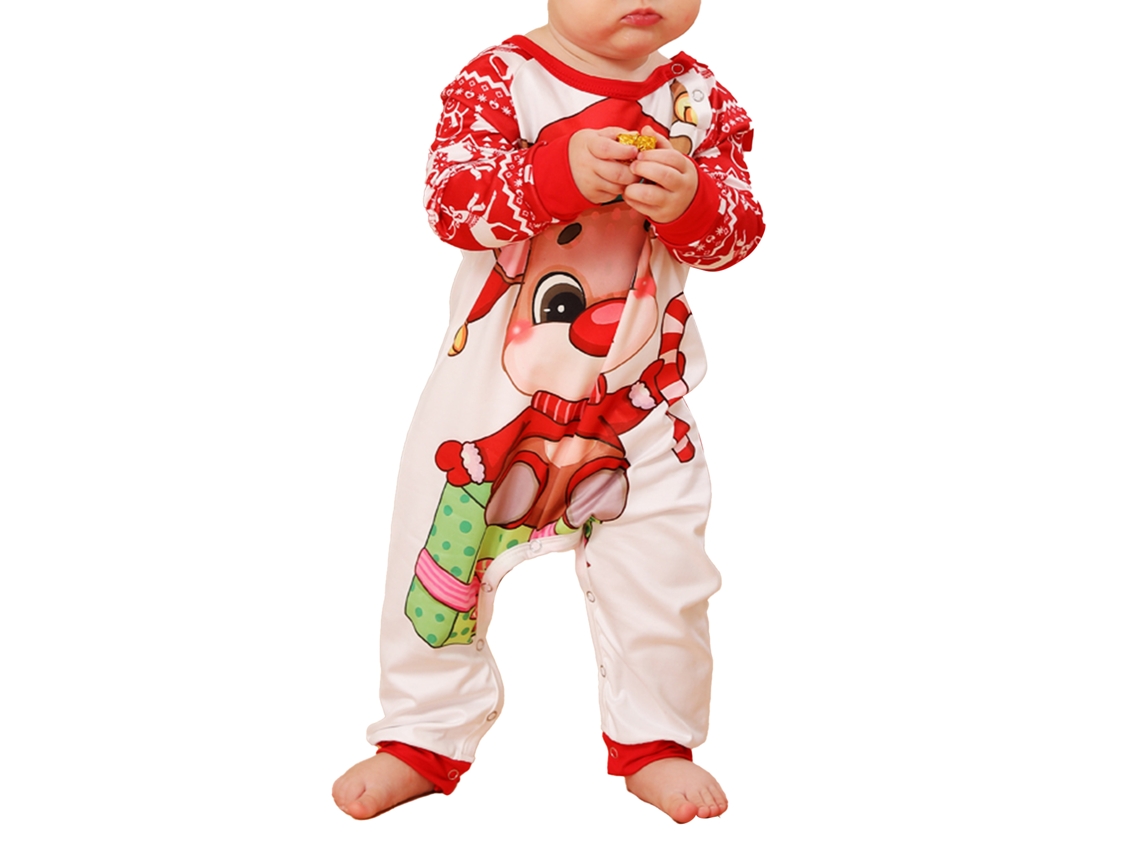 2026altiro-pijamas Navideños Para Bebé 12-18m Con Estampado De Ciervo, Cuello Redondo Y Puños De Punto Rojo