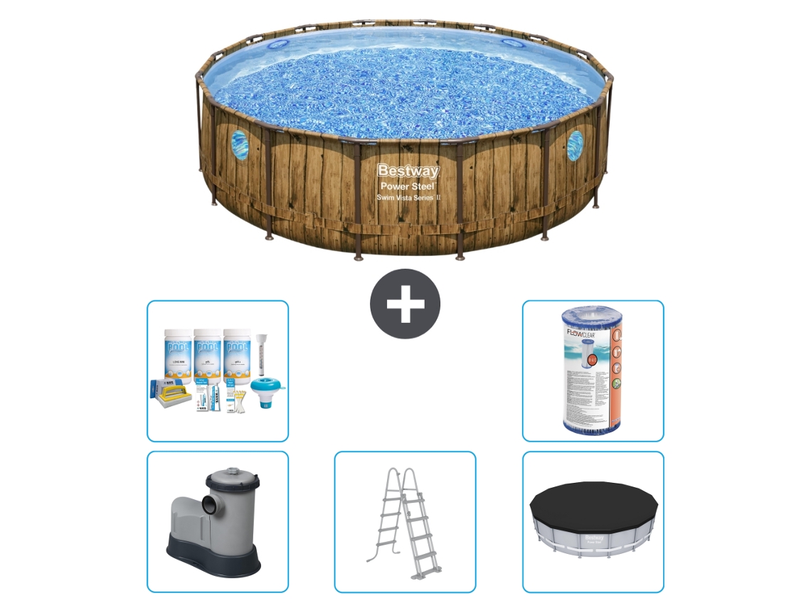 Piscina BESTWAY Round Power Steel Swim Vista - Impresión en madera - 488 x 122 - Incluye bomba - Escalera - Cubierta Accesorios CB29