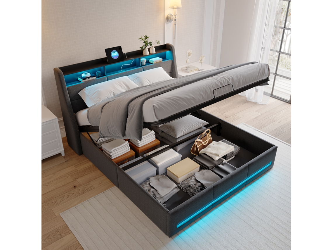 Cama con espacio de almacenamiento, 140x200cm, con iluminación LED y puerto USB, con sistema de almacenamiento hidráulico, tapizada en tela de lino, sin colchón.
