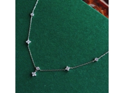 (oro Blanco) Plata De Ley 925, Collar Chanel Con Trébol De Cuatro Hojas Y Delicada Cadena Cruzada, Diseño Geométrico
