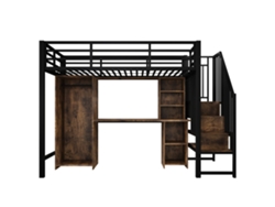 Cama alta de 90x200 cm - Estructura de hierro, armario, escritorio y escalera con espacio de almacenamiento - Negra