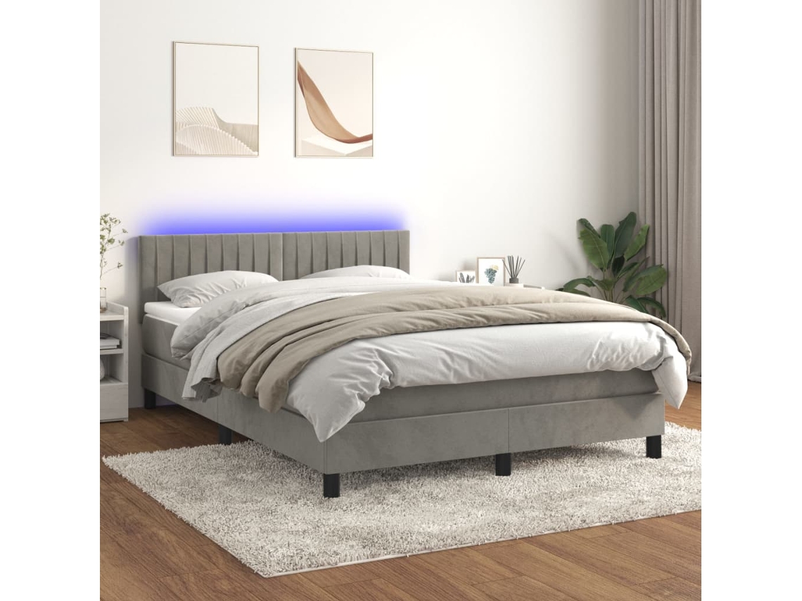 Cama Box Spring Colchón Y Led Terciopelo Gris Claro 140x190 Cm