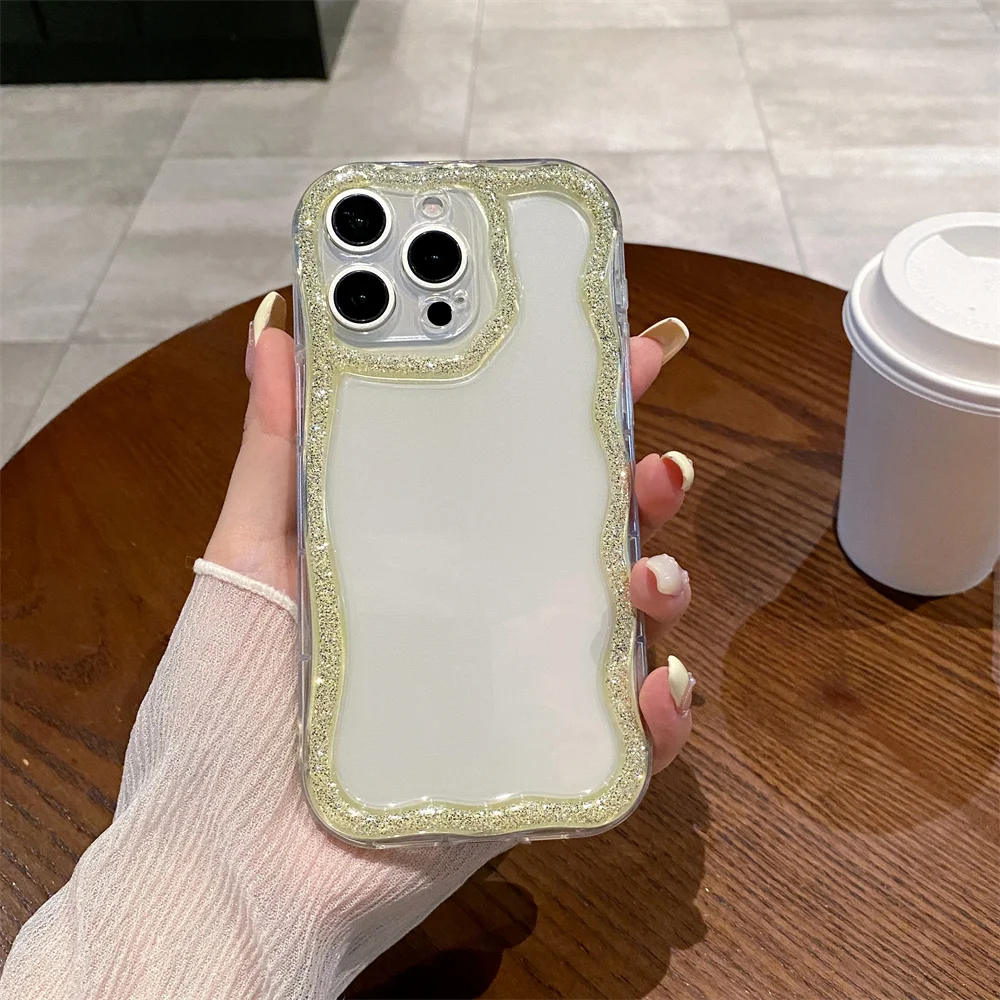 (iphone 16, Amarillo) Funda De Silicona Suave Con Borde Ondulado Brillante Y Bonito Para Iphone