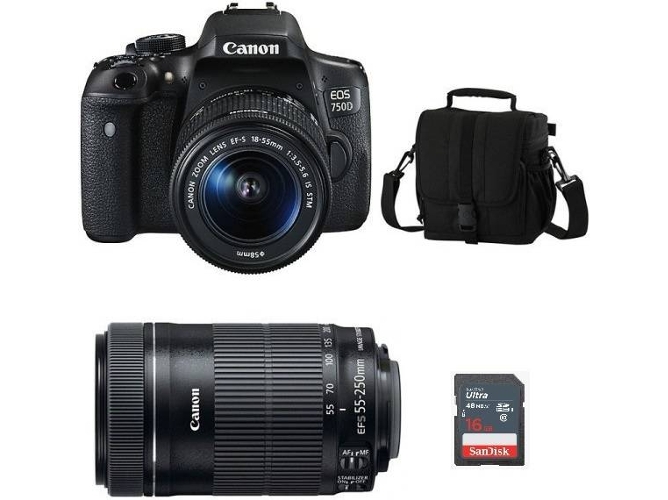 Kit Cámara Réflex CANON EOS 750DEF-S 18-55mm F3.5-5.6 IS STM + EF-S 55-250mm F4-5.6 IS STM + Bolsa + 16 GB SD