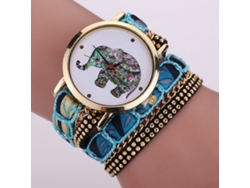 Reloj De Pulsera Multicapa De Estilo Étnico Para Mujer Con Esfera Azul Cielo Con Estampado De Elefante.