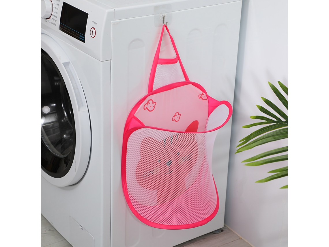 Bolsa De Lavandería Plegable, Cesta De Malla De Nailon Con Gancho Para El Baño, Gato Rosa