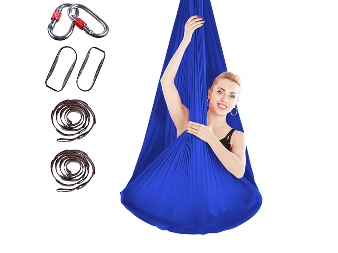 Hamaca de yoga de 400 x 280 cm con correa de extensión y cierre (azul real)