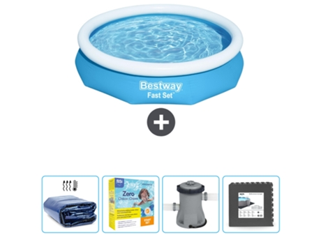 Piscina Hinchable Redonda Fast Set BESTWAY - 305 x 66 cm - Azul - Incluida Vela solar - Paquete de mantenimiento - Bomba - Baldosas