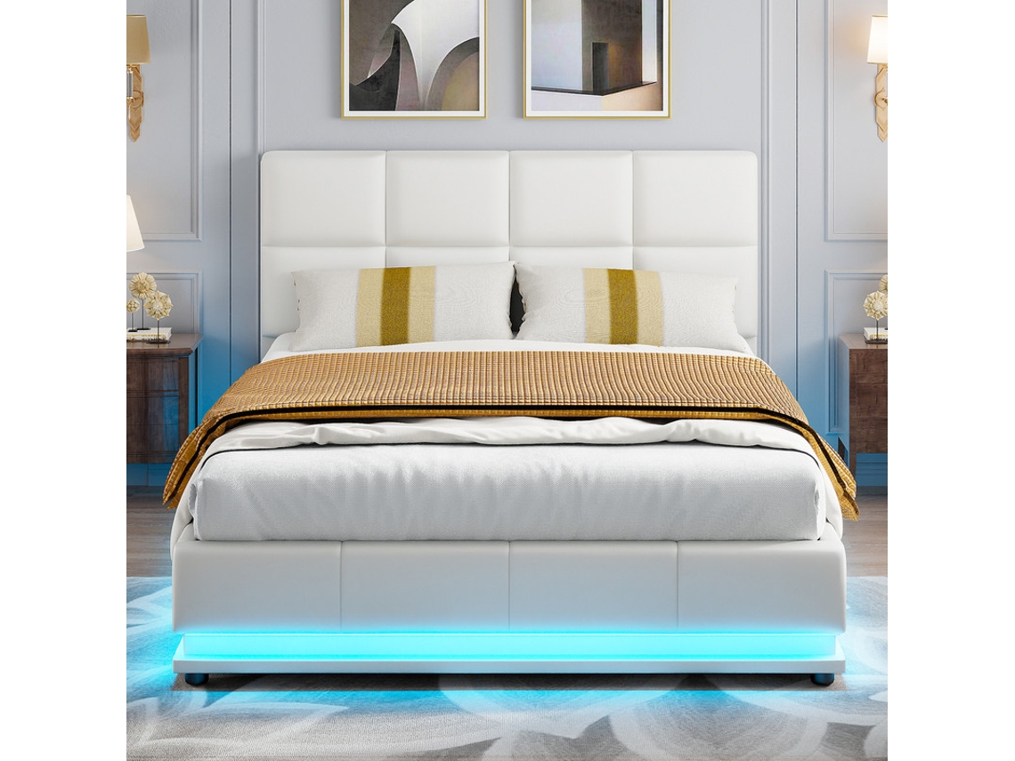 Cama Hidráulica Led 140x190 Cm Con Almacenamiento 35 Cm, Pu Blanca, Luces Led 16 Colores, Mecanismo Hidráulico Suave, Diseño Moderno