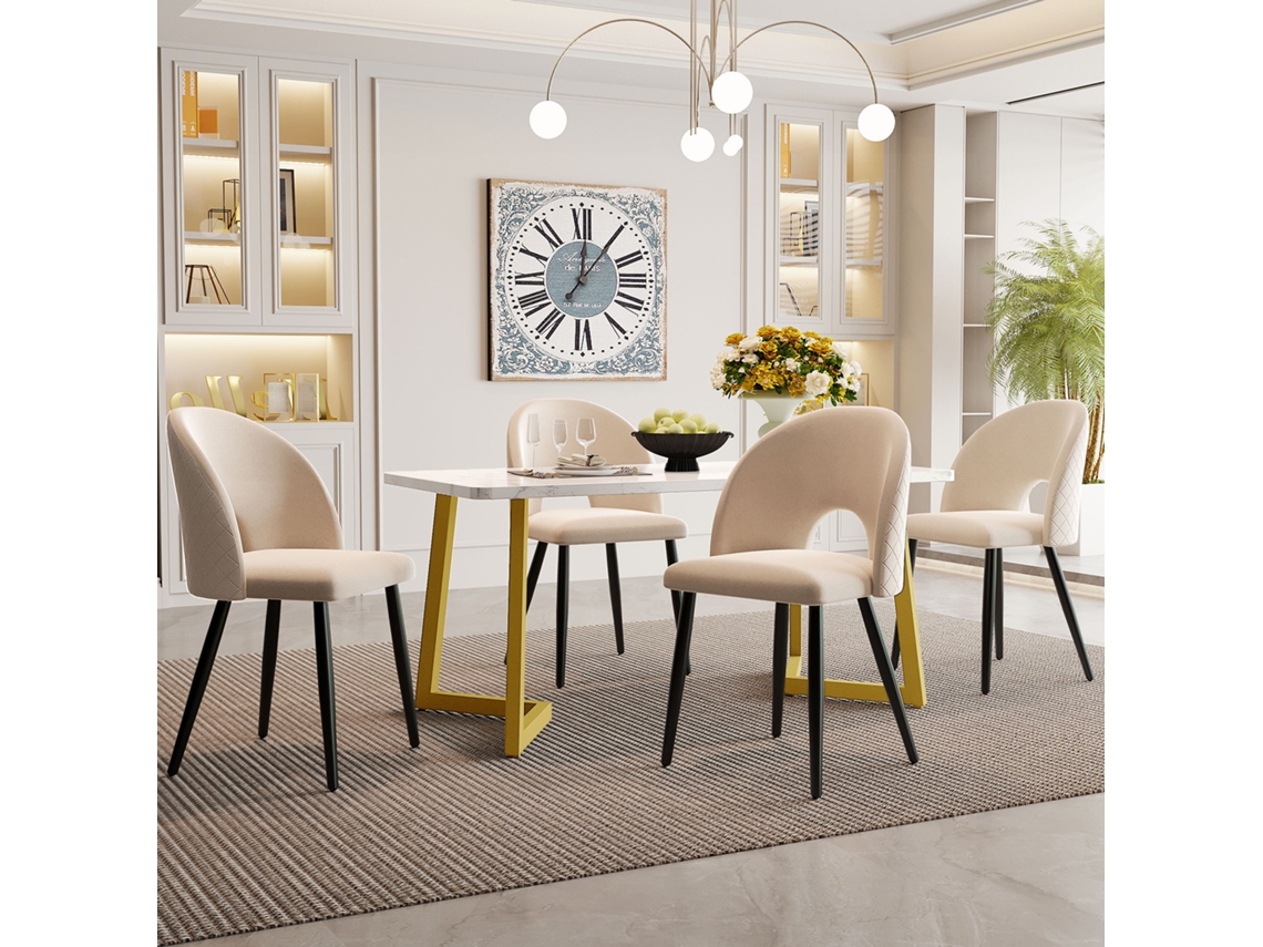 Conjunto Comedor 117x68 Cm - Mesa Rectangular, 4 Sillas, Terciopelo Beige, Patas Doradas