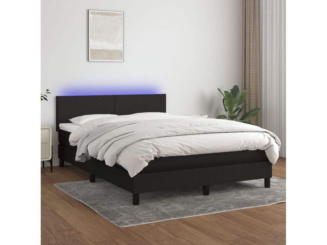Cama Box Spring Con Colchón Led Tela Negro 140x200 Cm