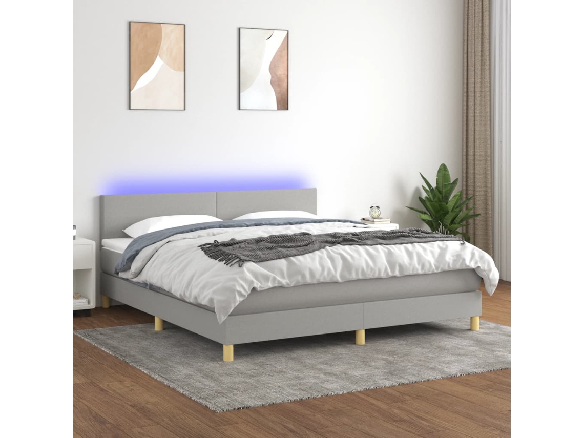 Cama Box Spring Con Colchón Tela Y Led Gris Claro 160x200 Cm