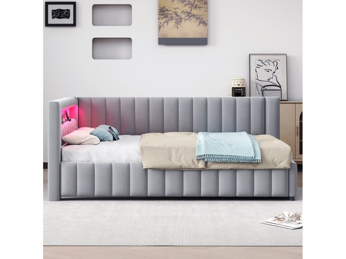 Sofá Cama 140x200 - Polsterbett Con Luz Led, Puerto Usb, Respaldo Y Cabecero - Gris