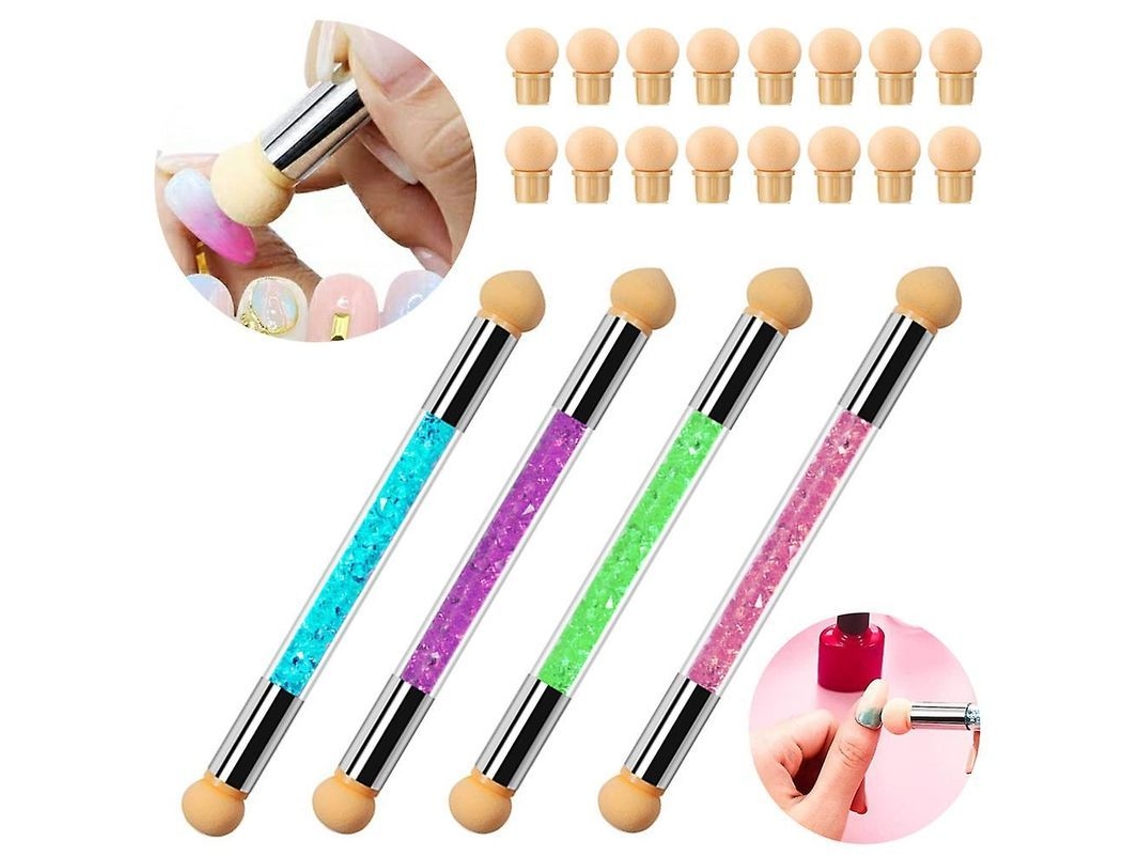 Kit De 4 Pinceles De Esponja Para Efecto Degradado En Uñas Con 16 Cabezales Reemplazables Y Mango Con Pedrería.