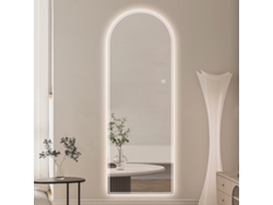 Espejo arqueado de cuerpo entero que mide 165 x 50 cm, con luz LED, intensidad ajustable e iluminación de tres colores.