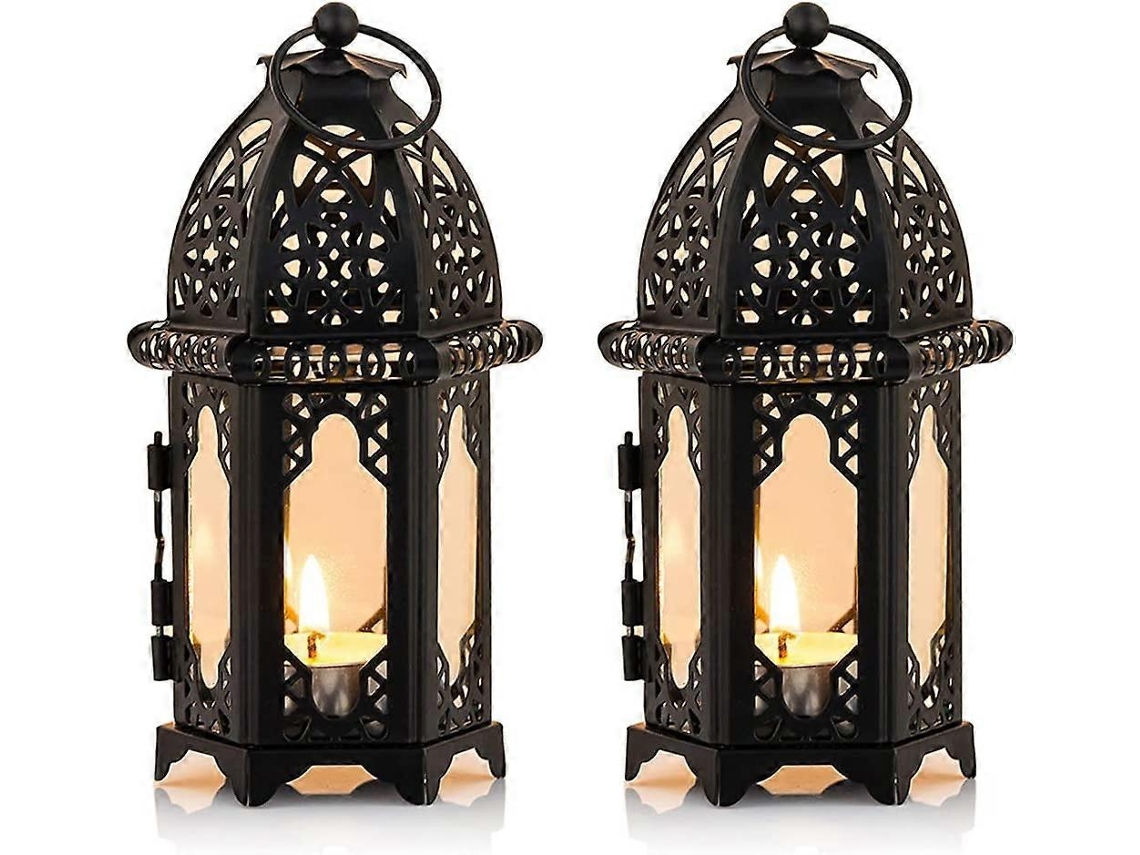 Omni-2 Piezas Portavelas De Metal Pequeño, Negro Con Panel De Vidrio Transparente Para Velas Tealight