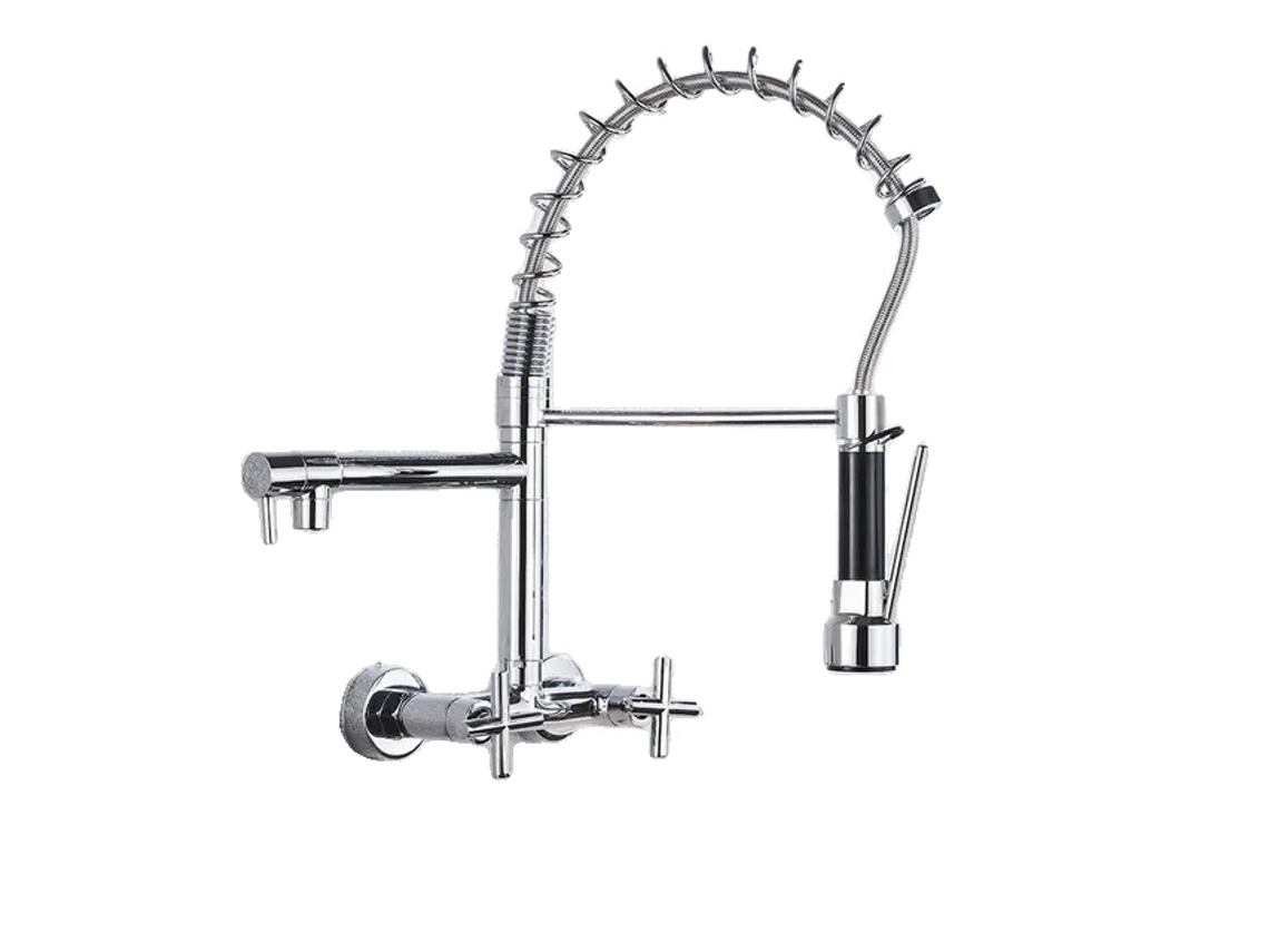 Grifo de cocina de doble manija, de pared, cromado con hebilla