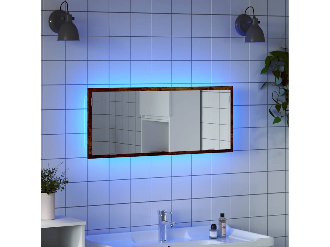 Espejo de baño con iluminación LED, acabado en madera de roble ahumado HARLANV1